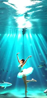 Graceful ballerina dancing underwater with sharks in blue light