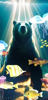 A bear underwater with fish and jellyfish in a fantasy scene.