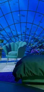 Aquarium themed underwater bedroom with blue lighting and glass ceiling.