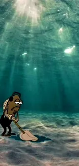 Cartoon character exploring the serene underwater ocean floor with sunlight streaming through.