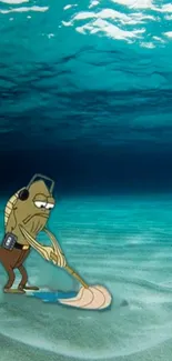 Cartoon character cleaning ocean floor underwater, artistic mobile wallpaper.