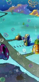 Animated underwater cartoon with colorful bubbles and sea houses.