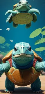 Cartoon turtles swimming underwater, vibrant sea scene.