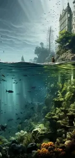 fantasy artwork with underwater scene and gothic castle overhead.