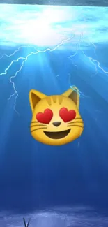 Cat emoji with heart eyes in blue underwater scene.