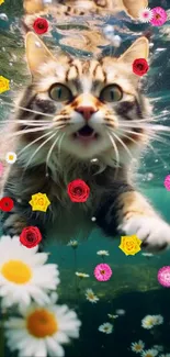 Cat swimming underwater with daisies in a vibrant nature scene.