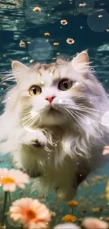 Fluffy cat underwater with flowers in vibrant scene