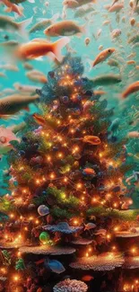 Underwater Christmas tree with fish swimming around in a magical aquatic setting.