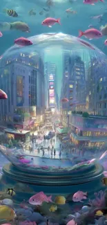 Surreal underwater cityscape in a fishbowl with vibrant fishes.
