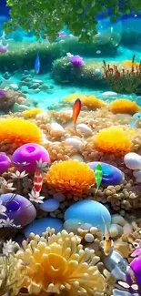 Vibrant underwater coral scene with colorful fish and plants.