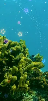 Fantasy coral reef with starry effects underwater.