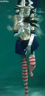 Underwater cosplay with vibrant striped socks and blue outfit.