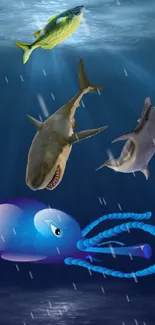 Underwater wallpaper with fish, shark, dolphin, and octopus.