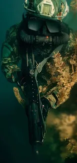 Underwater camo diver with gear in deep marine scenery.