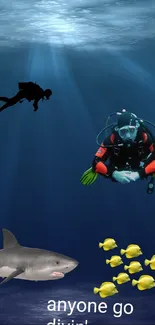 Diver with sharks and fish creating an underwater scene.