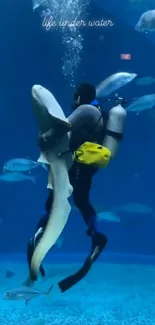 Diver swimming with shark in blue ocean.