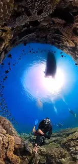 Diver exploring vibrant coral reef underwater.