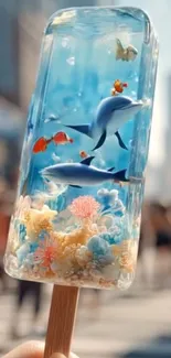 Surreal popsicle with underwater dolphins and vibrant marine life.