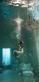 Surreal underwater scene with a floating person and chandelier.