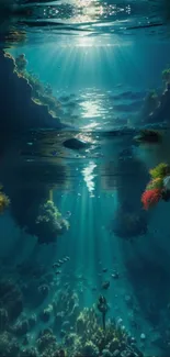 Underwater fantasy scene with light rays and coral reef formations.