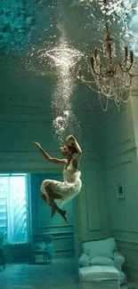 Surreal underwater scene with floating woman and chandelier in turquoise hues.