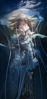 Fantasy anime girl surrounded by jellyfish in an underwater scene.