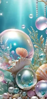 Fantasy underwater scene with bubbles and seashells.