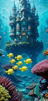 Fantasy underwater castle with corals and yellow fish.