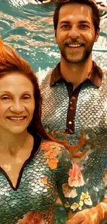 Couple smiling underwater with mermaid attire.