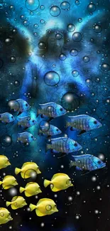 Fantasy underwater scene with colorful fish and bubbles.