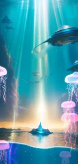 Fantasy underwater scene with jellyfish and submarines, teal and purple hues.