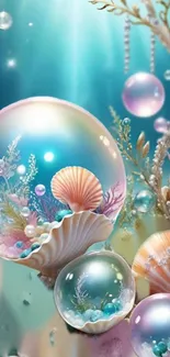 Fantasy underwater wallpaper with bubbles and seashells.