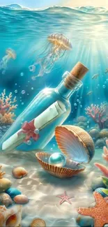 Underwater fantasy wallpaper with message in a bottle and vibrant corals.