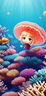 Whimsical underwater scene with coral and character