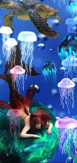 Colorful underwater wallpaper with a mermaid, sea turtle, jellyfish, and seahorses.