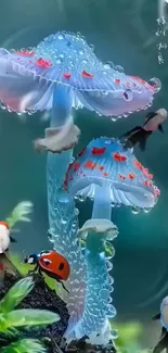 Vibrant underwater scene with mushrooms and fish.