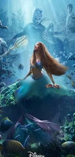 Mystical underwater world with mermaid and sea creatures.