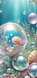 Fantasy ocean scene with bubbles and seashells in glowing light.