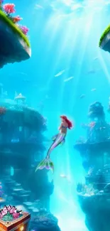 A magical underwater scene featuring a mermaid, vibrant corals, and a treasure chest.