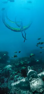 Underwater scene with marine life and mysterious structures.