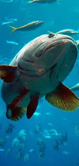 Large fish swimming in a vibrant blue ocean with other marine life.