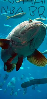 A large fish swimming underwater with vibrant blue background.