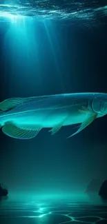 Glowing fish swims in tranquil teal ocean scene.