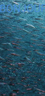 A serene underwater scene with a school of fish in blue waters.