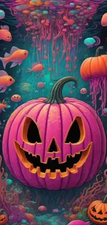 Colorful Halloween underwater scene with pumpkins and fish.