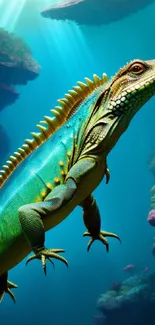 Vibrant teal iguana swimming underwater with ocean coral background.