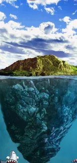 Stunning digital artwork of an island above and below ocean.