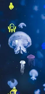 Colorful jellyfish with cartoon sea creatures on blue background.