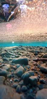 Underwater view with jellyfish and rocks, featuring vibrant turquoise hues.