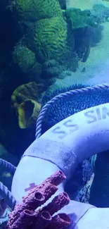 Underwater scene with vibrant coral and a lifebuoy.